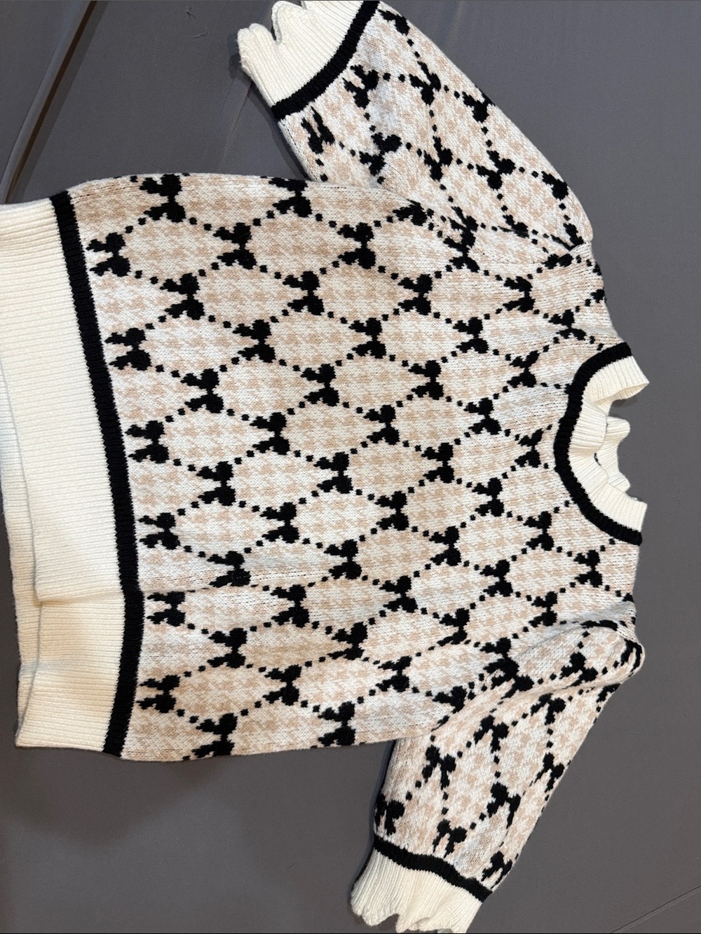THML Cream and Black Patterned Crewneck Sweater